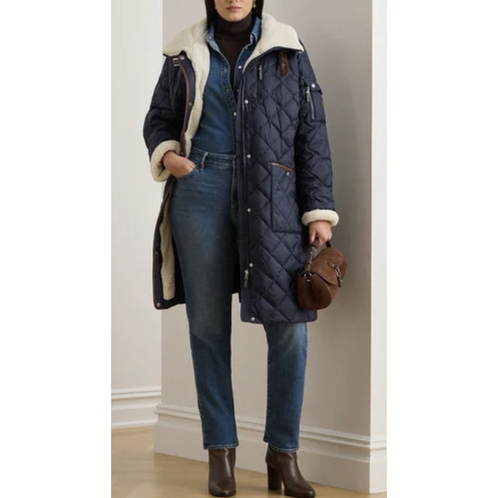 Lauren Ralph Lauren Navy Quilted Down Coat M Sherpa Collar Equestrian Old Money